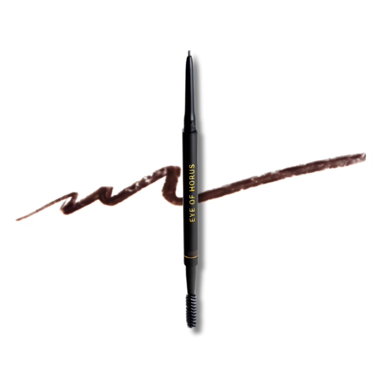 Eyebrow pencil with brown color and 'Eye of Horus' branding on a white background