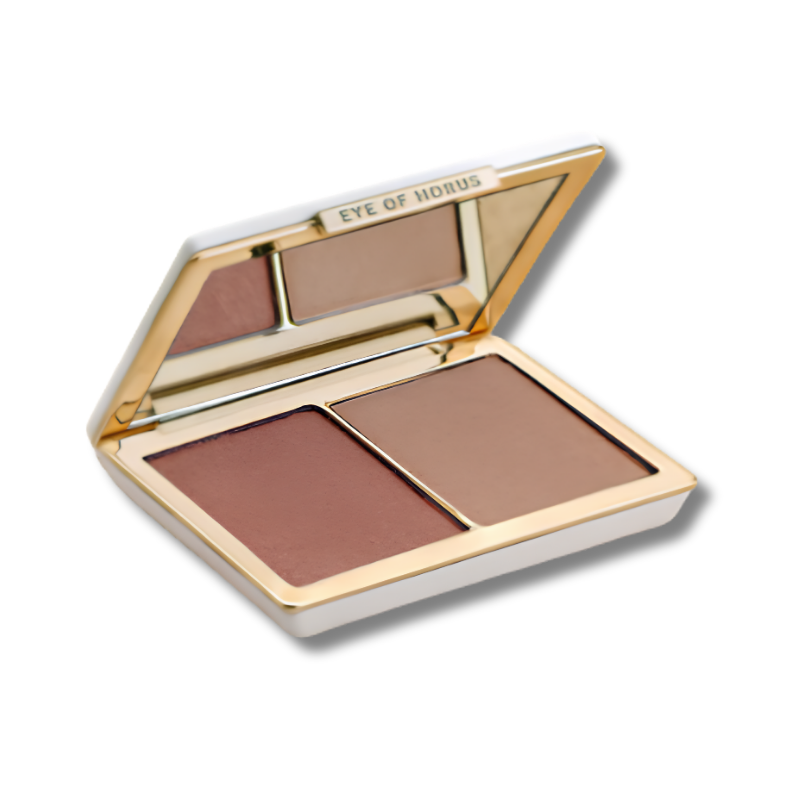 Makeup palette with two shades of brown on a white background