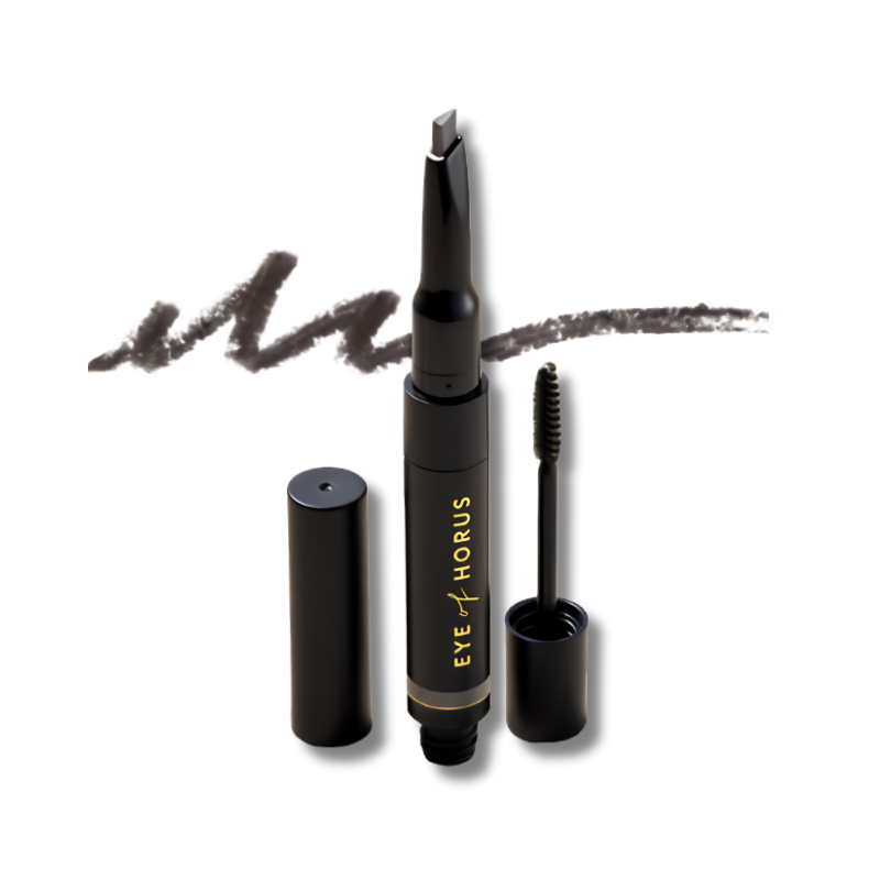 Eyebrow pencil with brush and cap on a white background, featuring the brand 'Eye of Horus'.