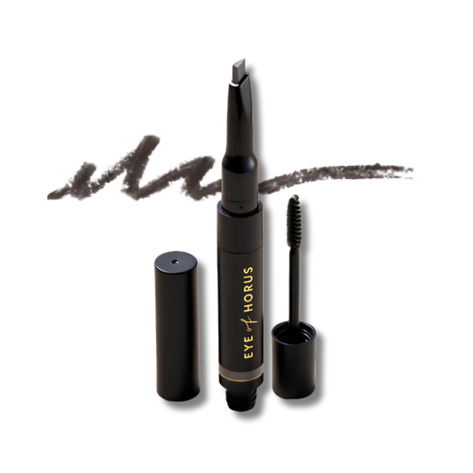Eyebrow pencil with brush and cap on a white background, featuring the brand 'Eye of Horus'.