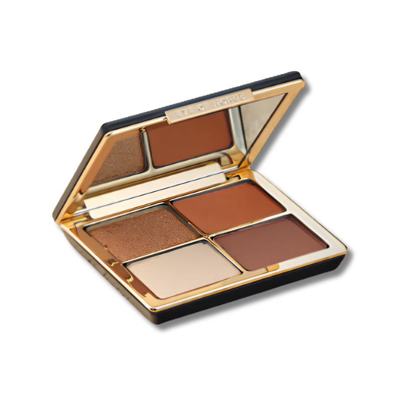 Makeup palette with four brown shades on a white background