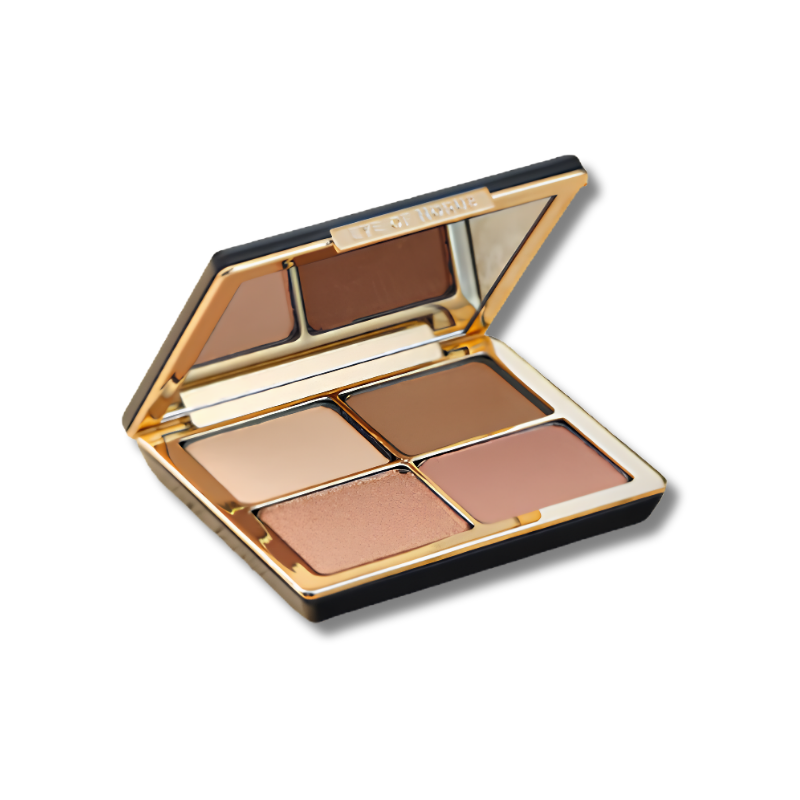 Makeup palette with various shades of brown and beige on a white background