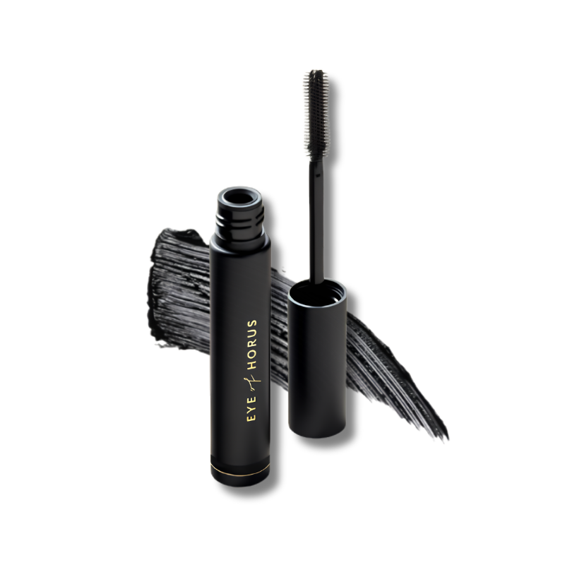 Eye Of Horus black Mascara with applicator and swatch on a white 