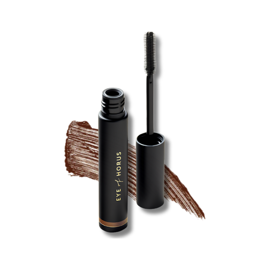Eye Of Horus Mascara with applicator and swatch on a white background