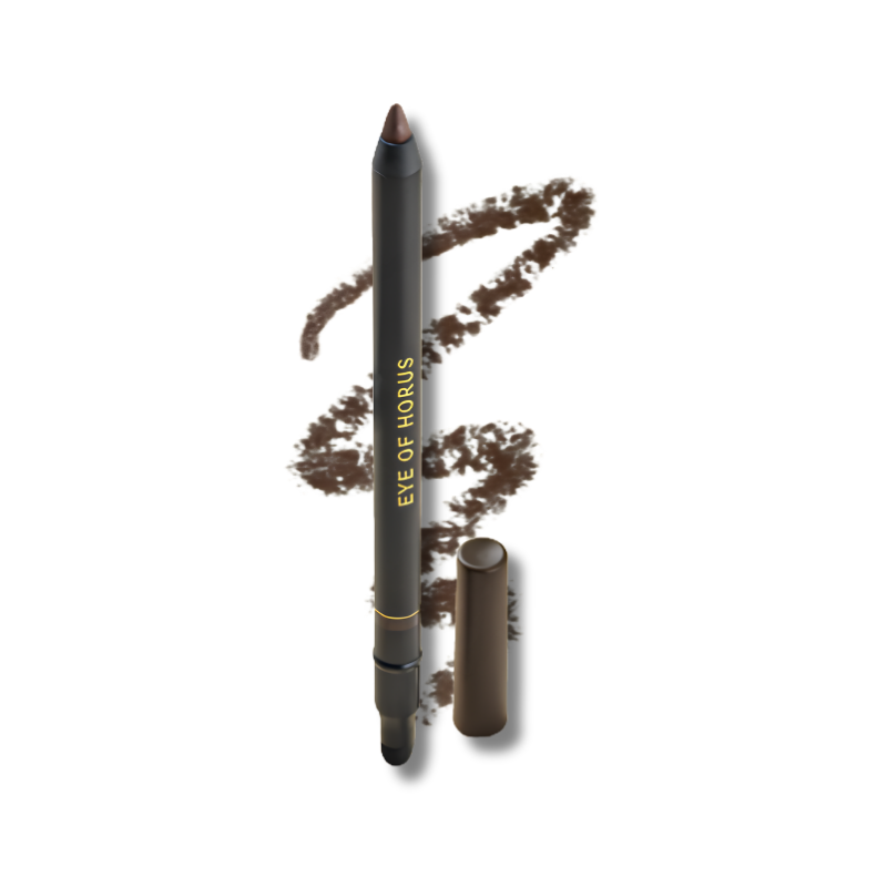 Brown eyeliner pencil with smudges on a white background, branded 'Eye of Horus'.