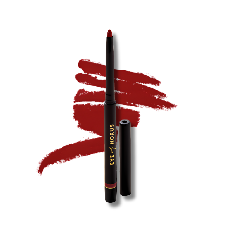 Red lip liner with cap on a white background, featuring the brand 'Eye of Horus'.