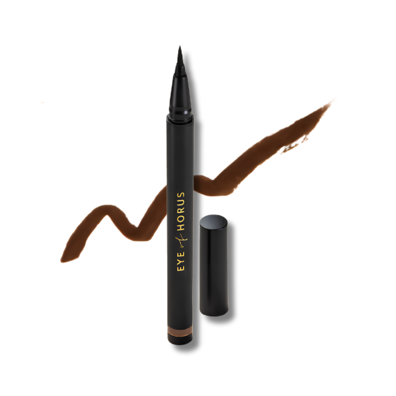 Eyebrow pencil with brown color swatch on a white background