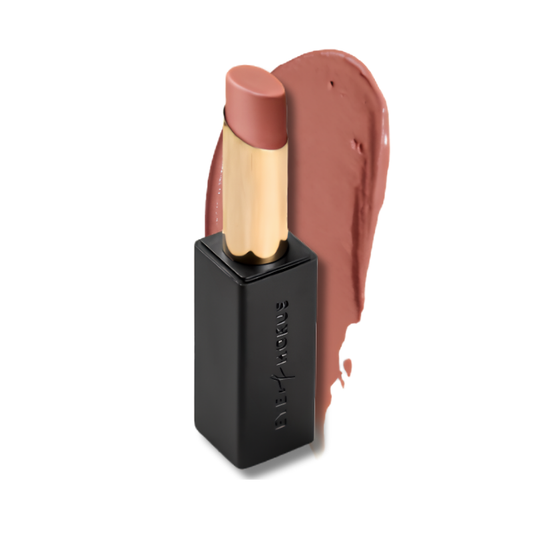 Lipstick with black case and swatch on white background