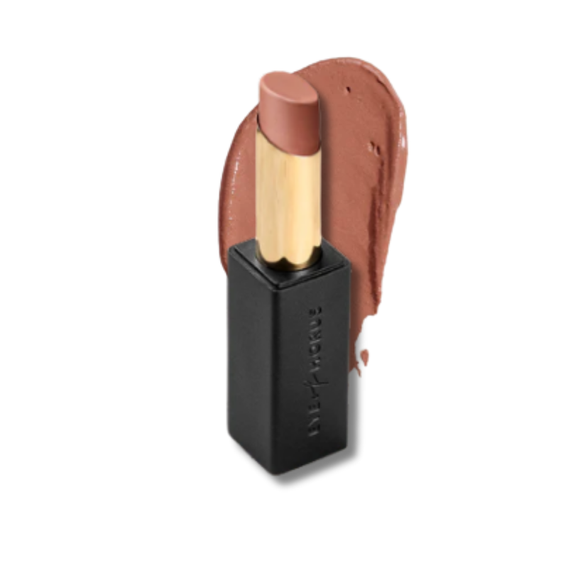 Lipstick with black case and brown shade on white background