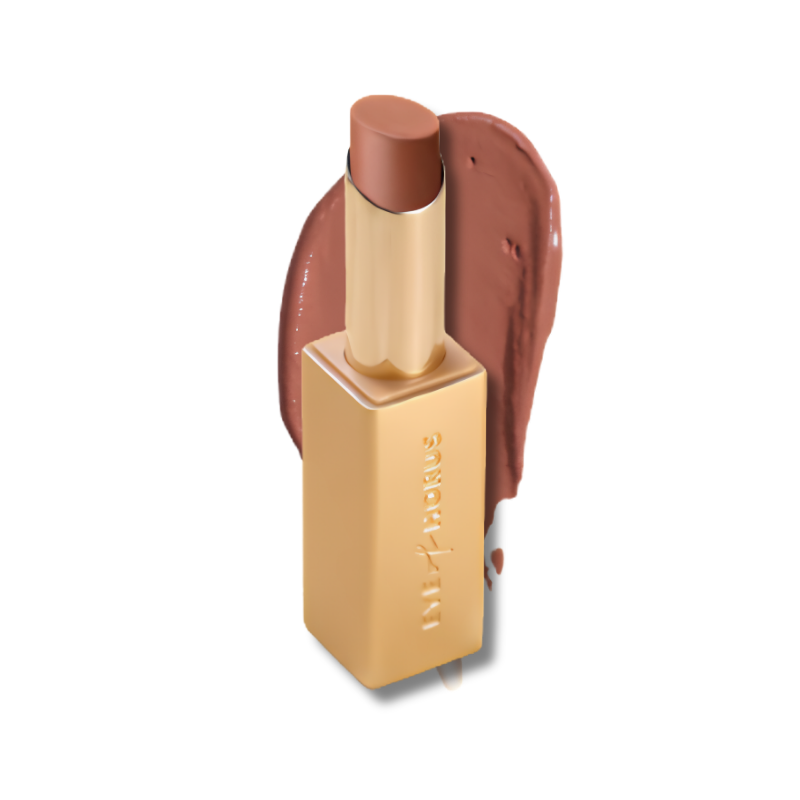 Lipstick with brown shade and visible brand name on a white background