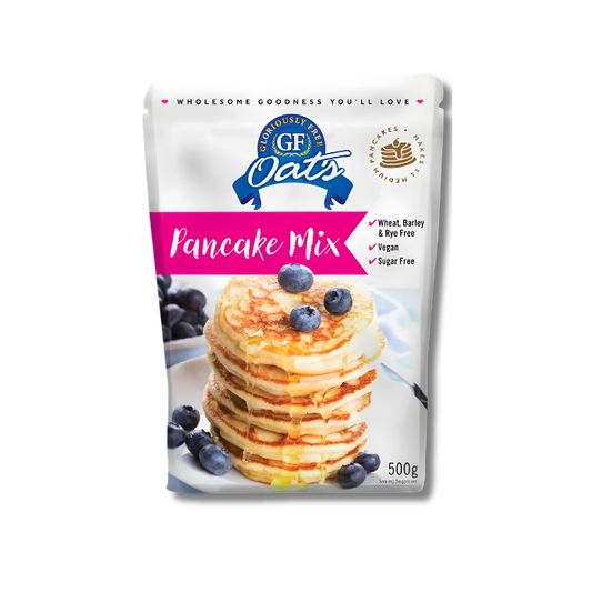 GF Oats Pancake Mix Gloriously Free 500g pack standing upright with clean, natural packaging design featuring oat graphics and health-focused labelling. Ideal for making quick, nutritious, gluten-free pancakes at home.