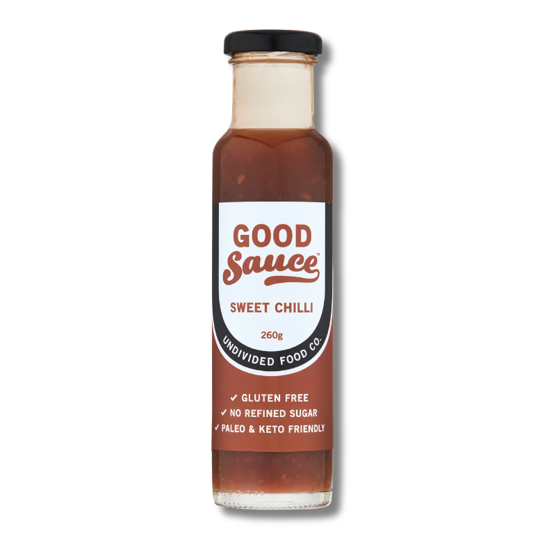 A bottle of Good Sauce Sweet Chilli sauce on a white background. The glass bottle shows the reddish-brown sauce inside, with a white label featuring brown text and a black cap.