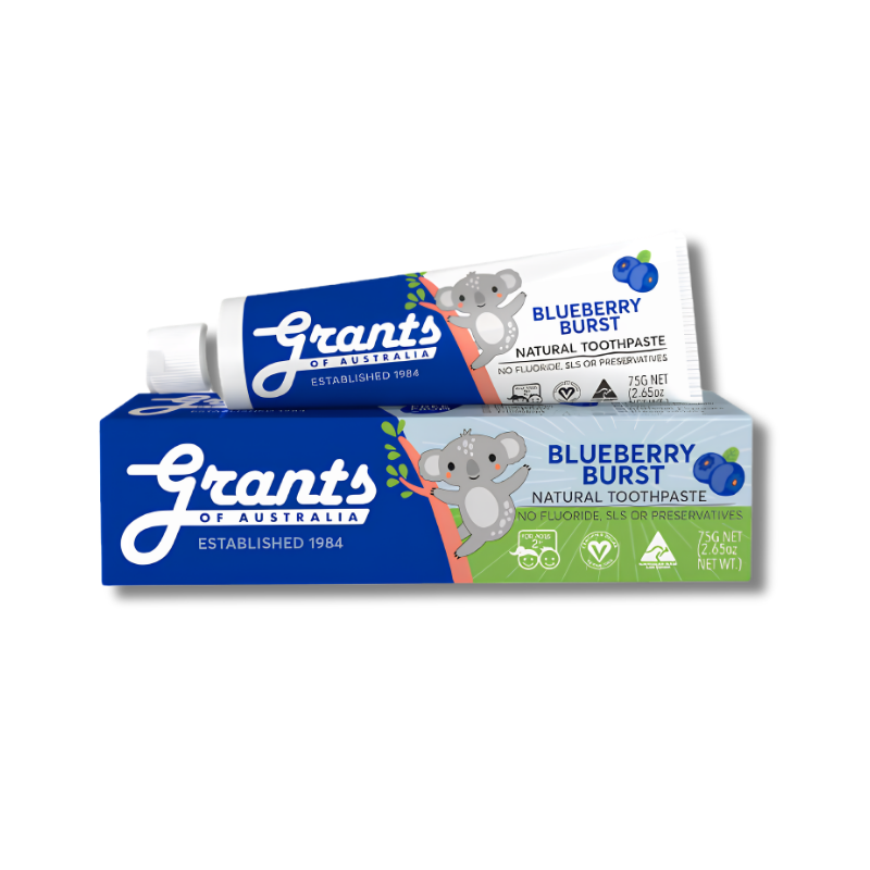 Grants Blueberry Burst Natural Toothpaste supports healthy teeth and gums for kids and helps maintain fresh breath without fluoride or SLS