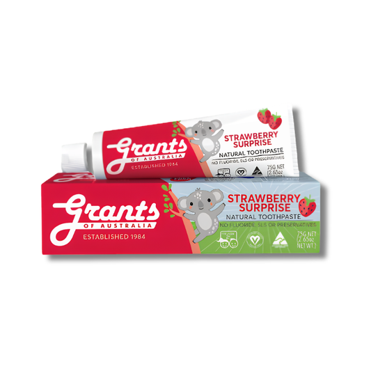 Grants Strawberry Surprise Natural Toothpaste supports healthy teeth and gums for kids and helps maintain fresh breath without fluoride or SLS