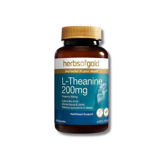 Herbs of Gold L-Theanine 200mg supplement bottle on a white background
