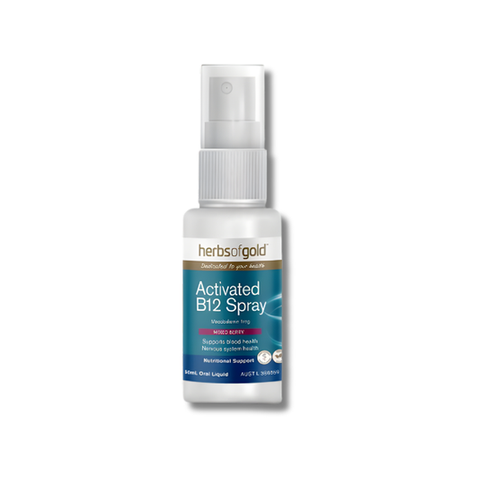 Herbs of Gold Activated B12 Spray oral liquid supports energy levels and nervous system function as a vitamin B12 supplement.