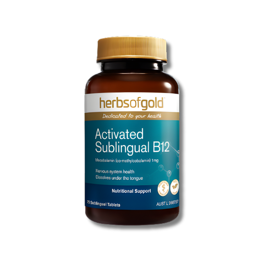 Herbs of Gold Activated Sublingual B12 tablets support energy levels and nervous system function as a vitamin B12 supplement.
