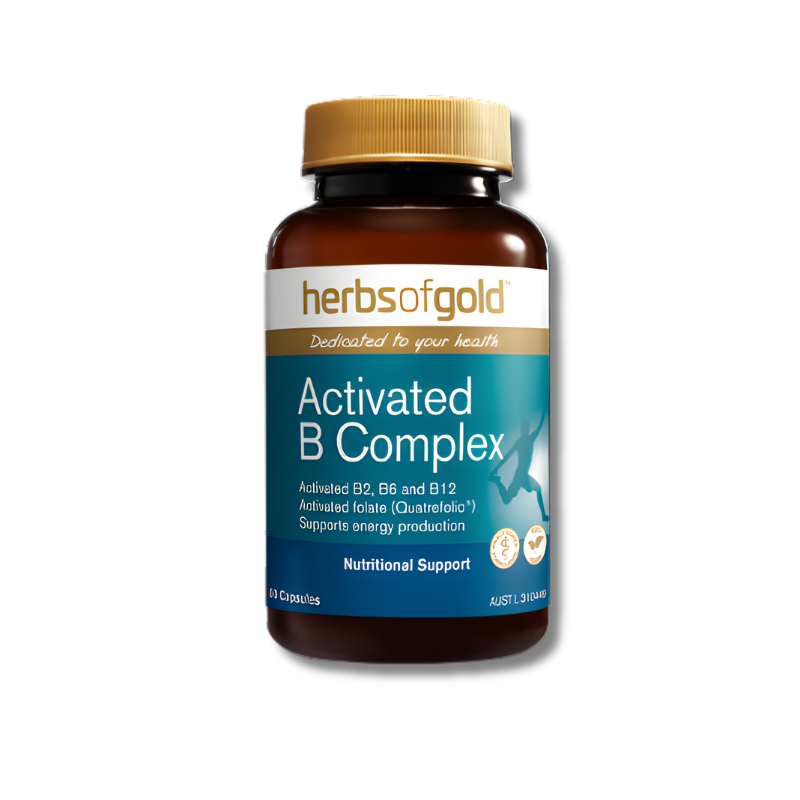 Herbs of Gold Activated B Complex 60 capsules supports energy production and nervous system function as a vitamin B supplement.