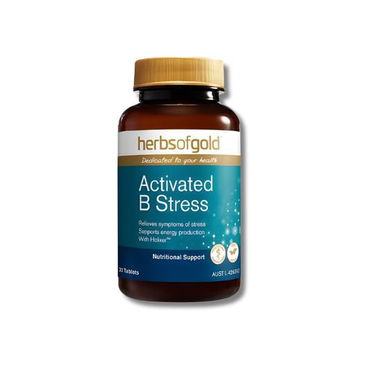Herbs of Gold Activated B Stress 30 capsules supports energy production and nervous system function as a vitamin B supplement.