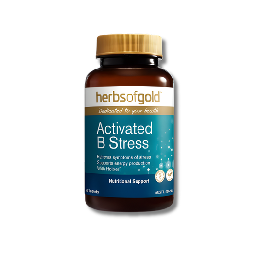 Herbs of Gold Activated B Stress 60 capsules supports energy production and nervous system function as a vitamin B supplement.