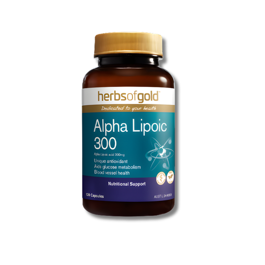 Herbs of Gold Alpha Lipoic 300 120 capsules supports antioxidant activity and general wellbeing as an alpha lipoic acid supplement.