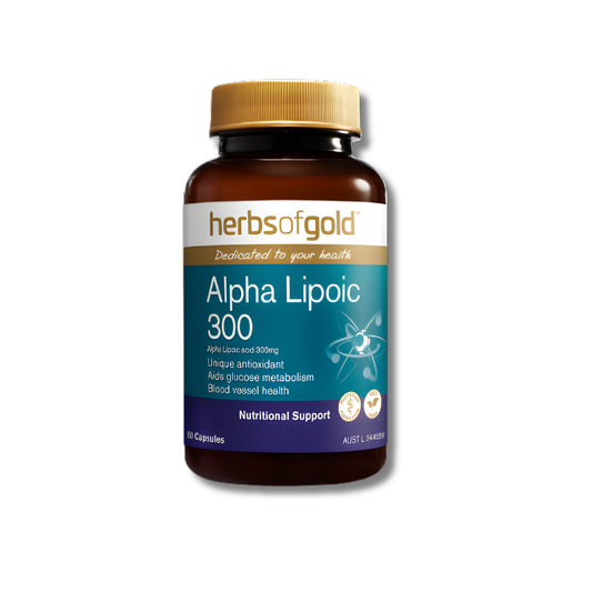 Herbs of Gold Alpha Lipoic 300 60 capsules supports antioxidant activity and general wellbeing as an alpha lipoic acid supplement.