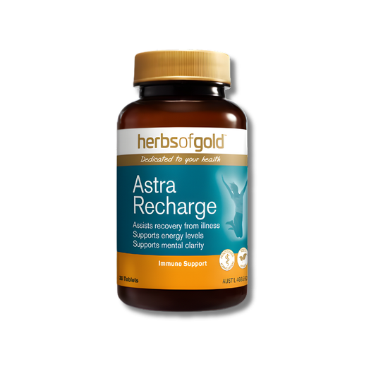 Herbs of Gold Astra Recharge tablets support immune system function and energy levels as a nutritional supplement.