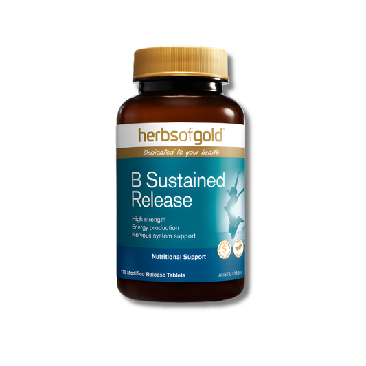 Herbs of Gold B Sustained Release 120 tablets supports energy production and nervous system function as a vitamin B supplement.