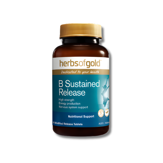 Herbs of Gold B Sustained Release 60 tablets supports energy production and nervous system function as a vitamin B supplement.