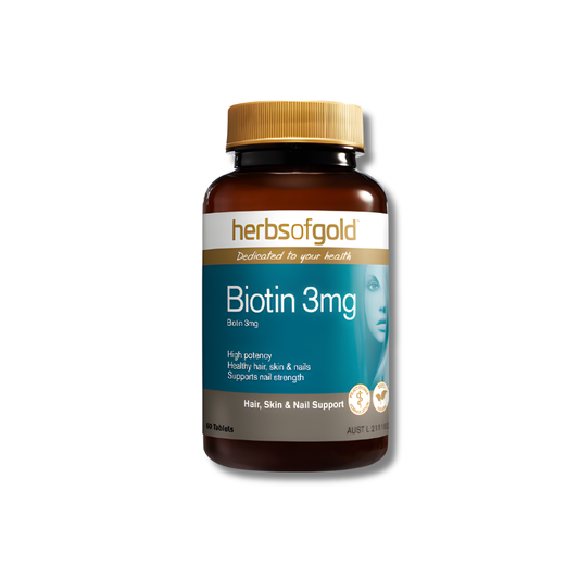 Herbs of Gold Biotin 3mg tablets support hair, skin and nail health as a biotin supplement.