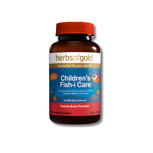 Herbs of Gold Children’s Fish-i Care capsules support brain function as an omega 3 supplement for children.