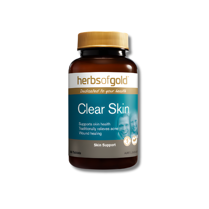 Herbs of Gold Clear Skin tablets support skin health as a nutritional supplement.