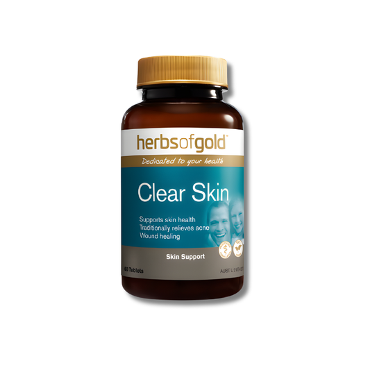 Herbs of Gold Clear Skin tablets support skin health as a nutritional supplement.