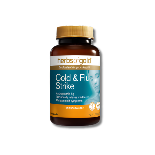 Herbs of Gold Cold and Flu Strike 30 tablets supports immune system function as a herbal supplement.