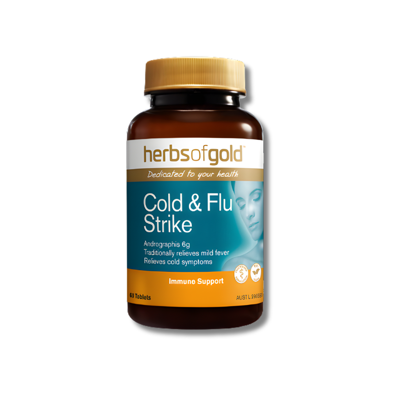 Herbs of Gold Cold and Flu Strike 60 tablets supports immune system function as a herbal supplement.