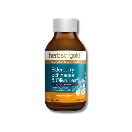 Herbs of Gold Elderberry Echinacea and Olive Leaf liquid supports immune system function as a herbal supplement.