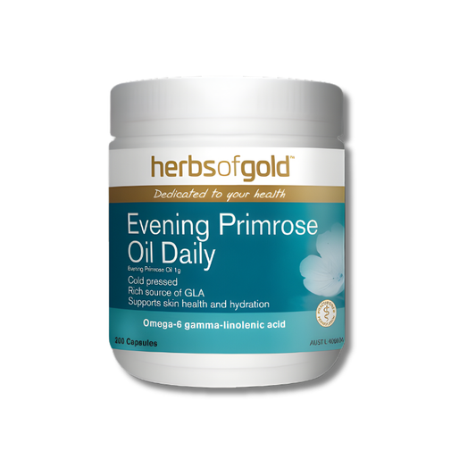 Herbs of Gold Evening Primrose Oil Daily capsules support skin health as an evening primrose oil supplement.