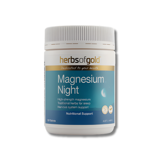 Herbs of Gold Magnesium Night supplement container on a white background