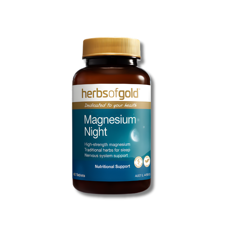 Herbs of Gold Magnesium Night supplement bottle on a white background