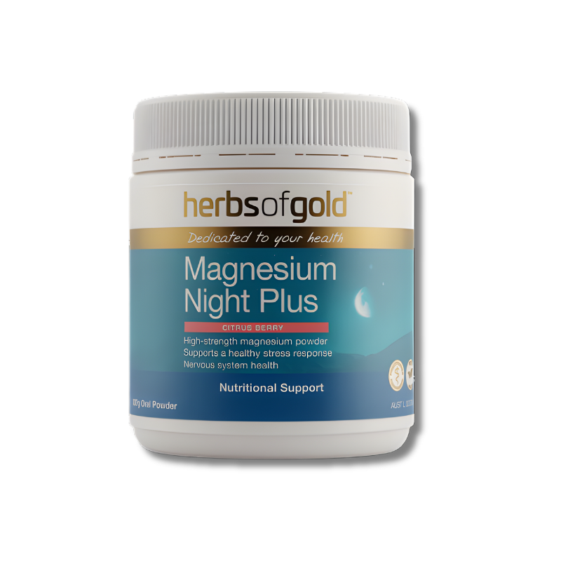 Herbs of Gold Magnesium Night Plus supplement container on a white background