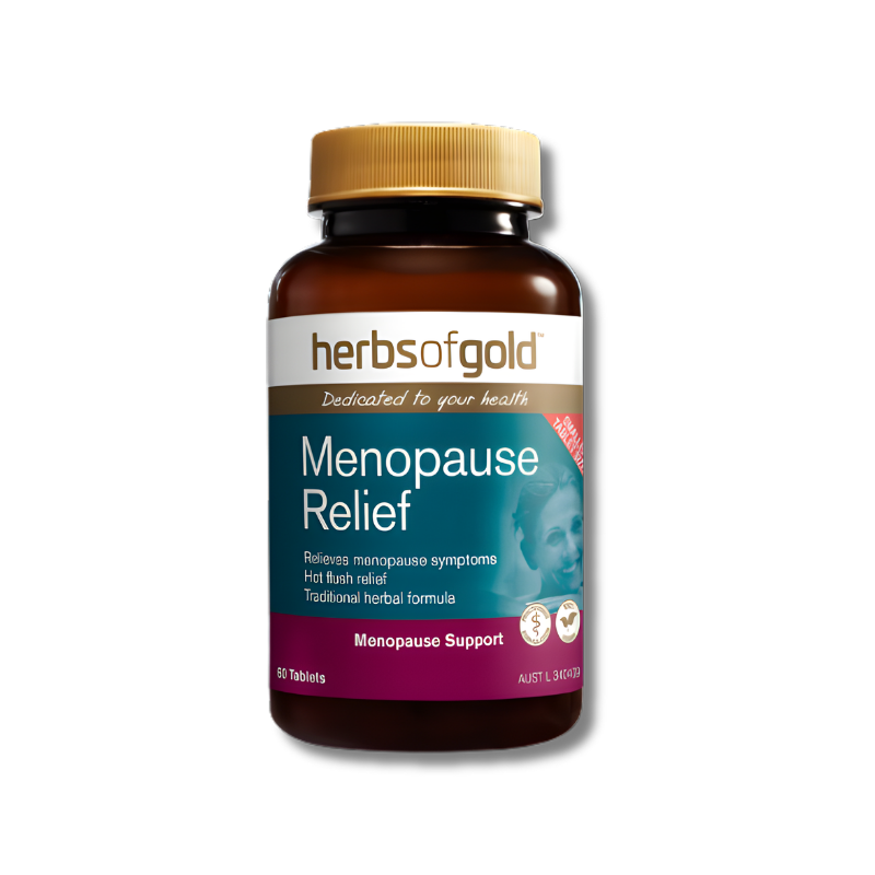 Herbs of Gold Menopause Relief supplement bottle on a white background