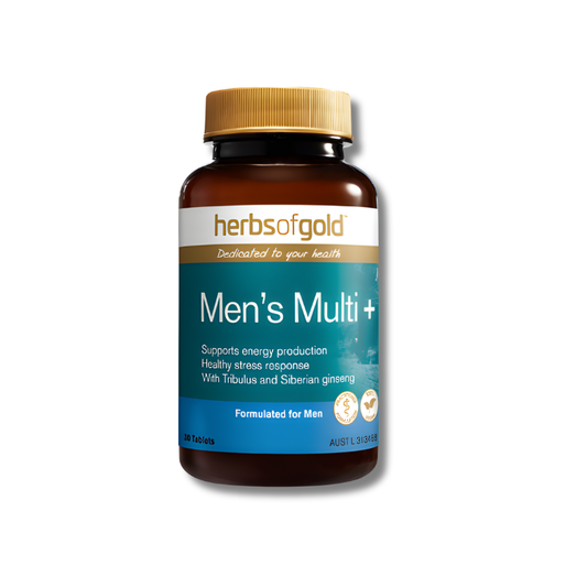 Herbs of Gold Men's Multi+ supplement bottle on a white background