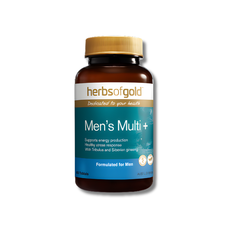 Herbs of Gold Men's Multi+ supplement bottle on a white background