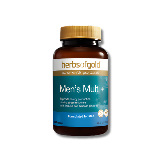 Herbs of Gold Men's Multi+ supplement bottle on a white background