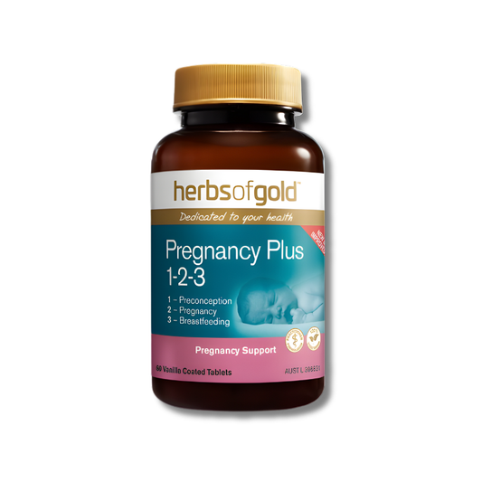 Herbs of Gold Pregnancy Plus 1-2-3 supplement bottle on a white background