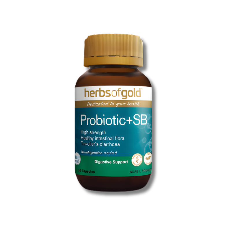 Herbs of Gold Probiotic+SB supplement bottle on a white background
