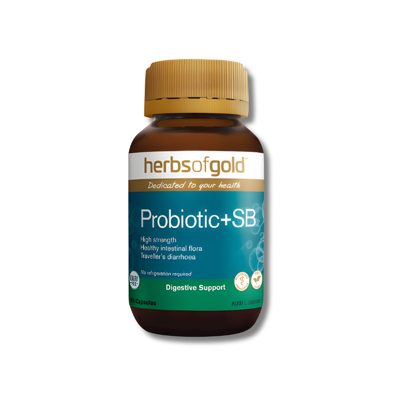 Herbs of Gold Probiotic+SB supplement bottle on a white background
