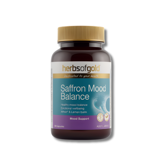 Herbs of Gold Saffron Mood Balance supplement bottle on a white background