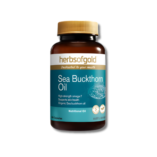 Herbs of Gold Sea Buckthorn Oil bottle on a white background