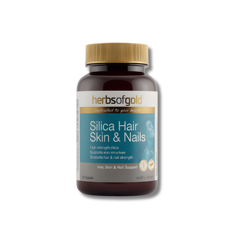 Herbs of Gold Silica Hair, Skin & Nails supplement bottle on a white background